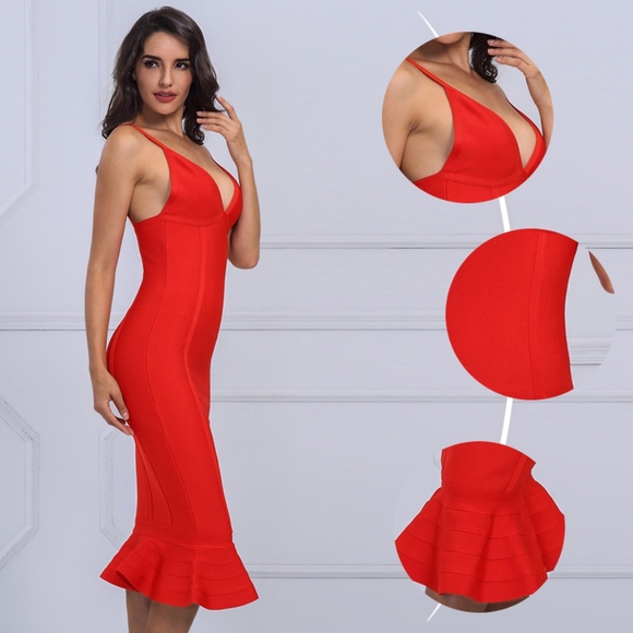 Bandage V-Neck Midi Mermaid Dress in Bright Red - Picture 4 of 13
